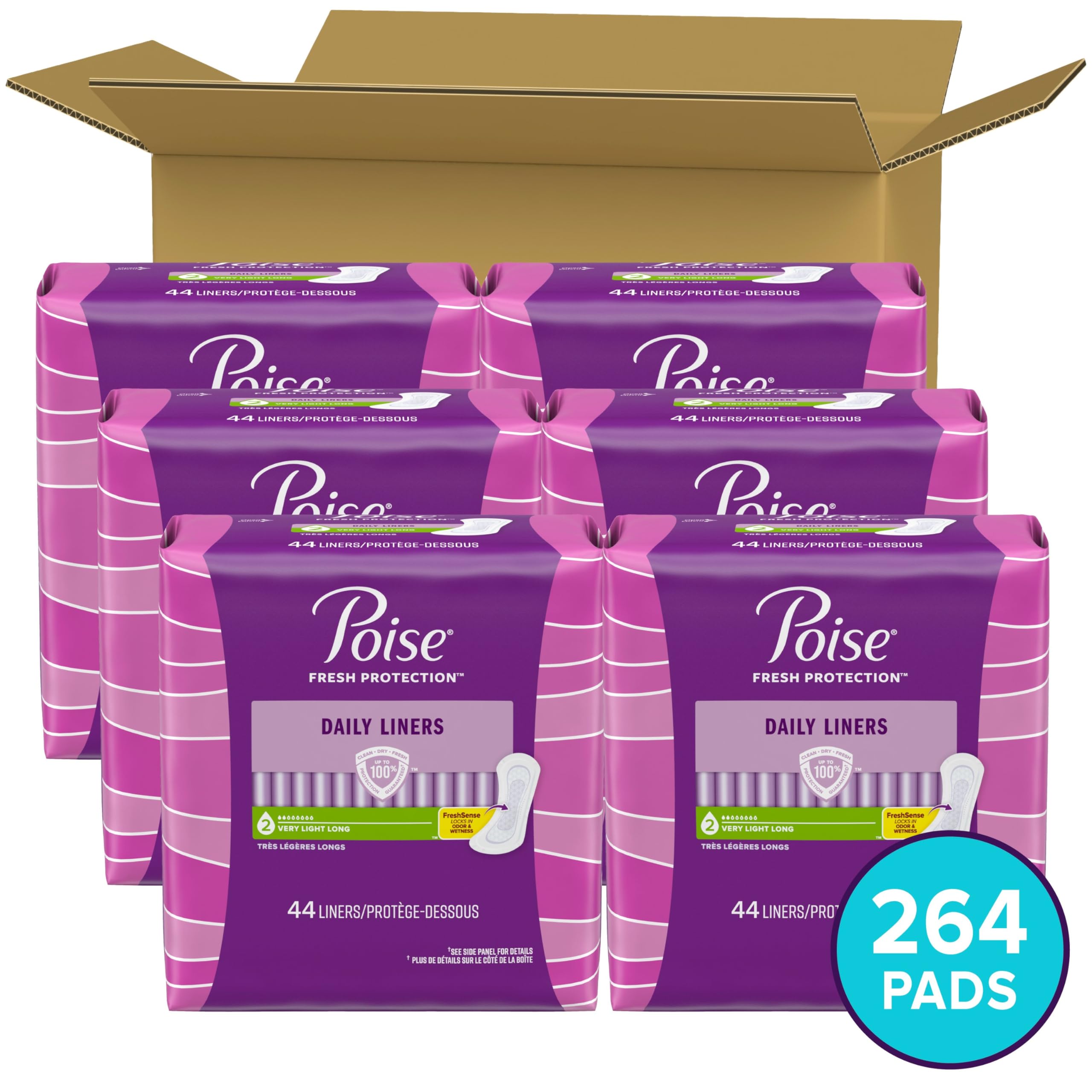 Poise Daily Liners, Incontinence Panty Liners for Bladder Leaks, 2 Drop Very Light Absorbency, Long Length, 264 Count of Pantiliners (6 Packs of 44), Packaging May Vary
