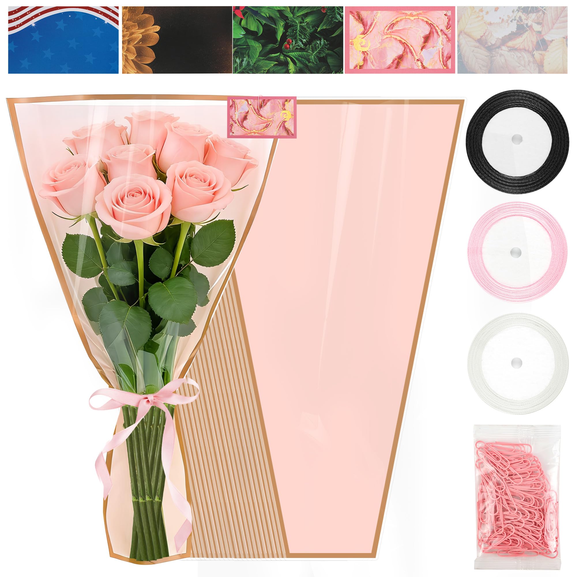 Photo 1 of 25 Sheets 18" x 11" Pink Flower Bouquet Wrapping Bags Plastic Paper Sleeves, Total 133Pcs RibbonsX3 Greeting CardsX25 Paper ClipsX80 Floral Bouquets Bag Ideal for Flowers Bar Graduation Wedding