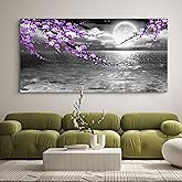 Large Purple Wall Art Decor for Living Room Bedroom Framed Black and White Seascape Full Moon Purple Flower Painting Canvas Picture Modern Hand-Painted Plum Blossom Artwork for Home Office 24x48