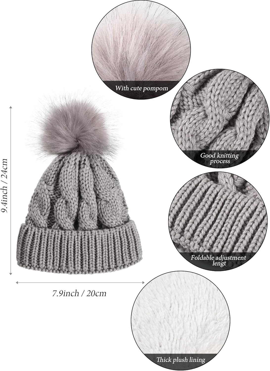 Winter Kids Hat Scarf Gloves Set Beanie Hat Thick Scarf Knit Mittens Warm Lining (Gray): Clothing