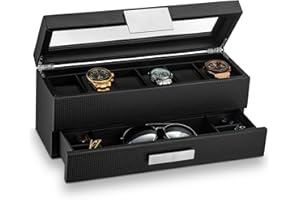 Glenor Co Watch Box with Valet Drawer for Men - 6 Slot Luxury Case Display Organizer, Carbon Fiber Design -Metal Buckle for Mens Jewelry Watches, Men's Storage Holder Boxes has a Large Glass Top