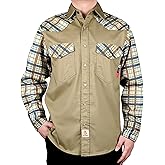 BOCOMAL FR Shirts Pearl Snaps Two Tone Plaid/Solid Flame Resistant Cotton Welding Shirt NFPA 2112 CAT 2