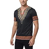 Sayhihi Mens African Dashiki Shirt Tribal Floral Print Traditional T Shirt for Men V Neck Slim Fit Shirts Tops