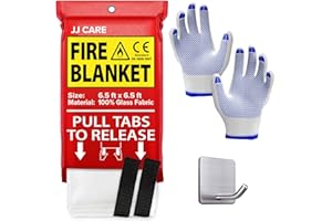 JJ CARE Fire Blanket – (X-Large) 6.5x6.5ft w/Hooks & Gloves, Emergency Fire Blanket for Home & Kitchen, High Heat Resistant Fire Suppression Blankets for Home Safety, Kitchen, Camping