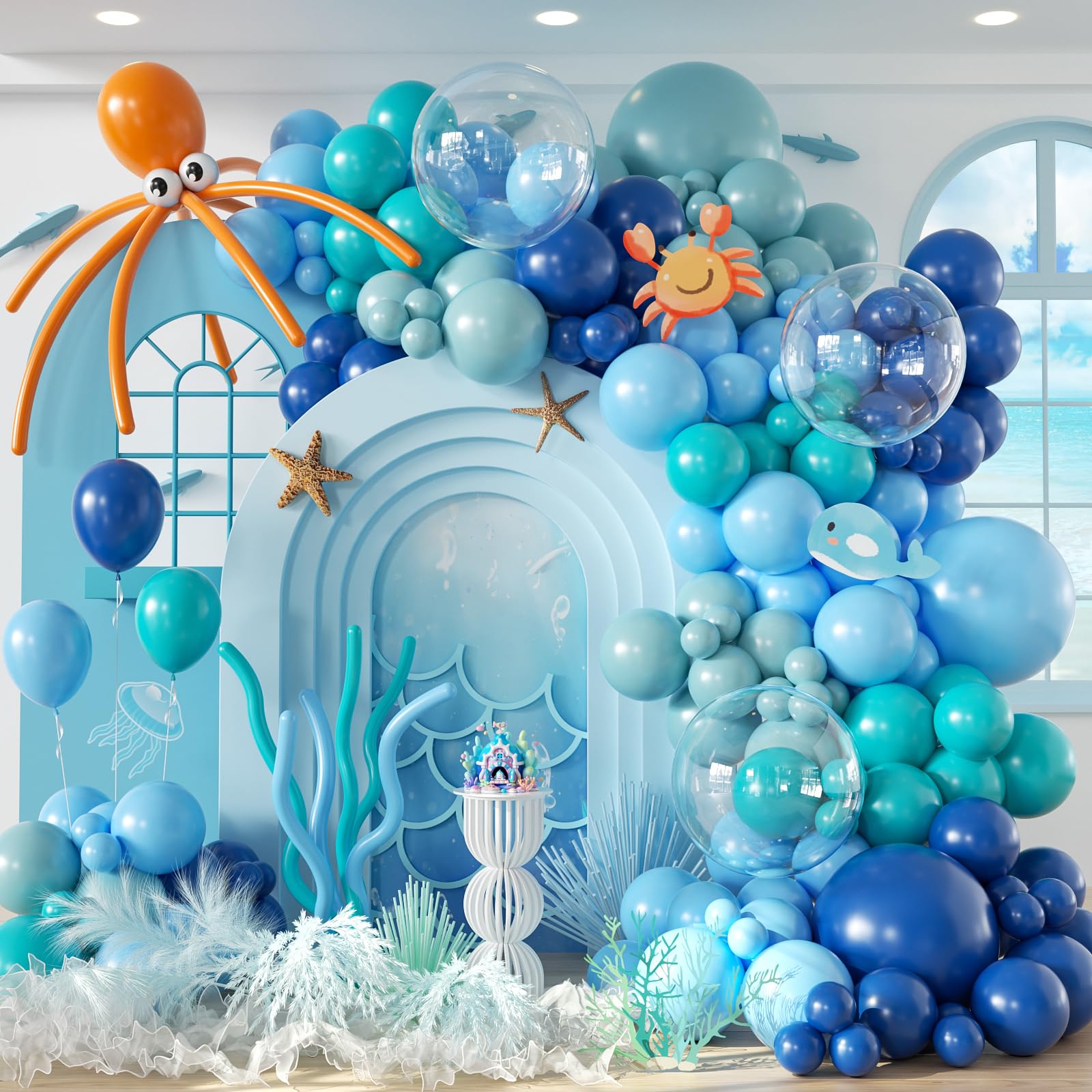 View 1 of 134pcs Under The Sea Balloons Garland Arch Kit with Blue Teal Dusty Blue Orange Long Balloons for Ocean Themed Under The Sea Baby Shower Birthday Party Decorations