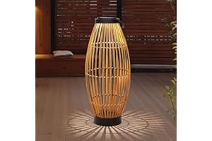 pearlstar Solar Floor Lamp Outdoor Decorations for Patio 24" Large Natural Wicker Rattan Solar Powered Lantern Outdoor Lighting Waterproof for Garden Yard Lawn Deck Pool Porch Driveway Pathway