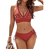 Blooming Jelly Women's Bikini Set Two Piece Swimsuit Modest Bathing Suit Petal Hollow V Neck Top String Mid Rise Bottom