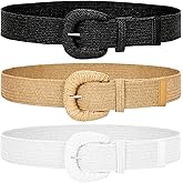 WHIPPY 3 Packs Women Straw Woven Elastic Stretch Waist Belts Fashion Boho Braided Skinny Ladies Dress Belt