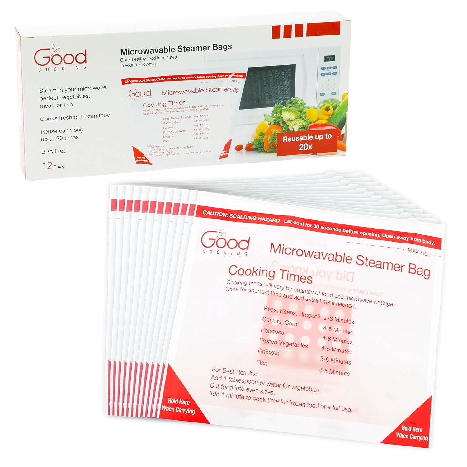 Microwave Food Steamer Bags- Set of 12 X-Large Reusable Microwavable Cooking Bags with Up to 20 Uses Each