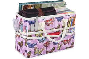 QIANSHAN Craft Organizer Tote Bag with Multiple Pockets, Large Art Storage Caddy with Handles for Art, Craft, Sewing, Make-up，Scrapbooking, Medical, and Office Supplies Storage.Purple Butterfly