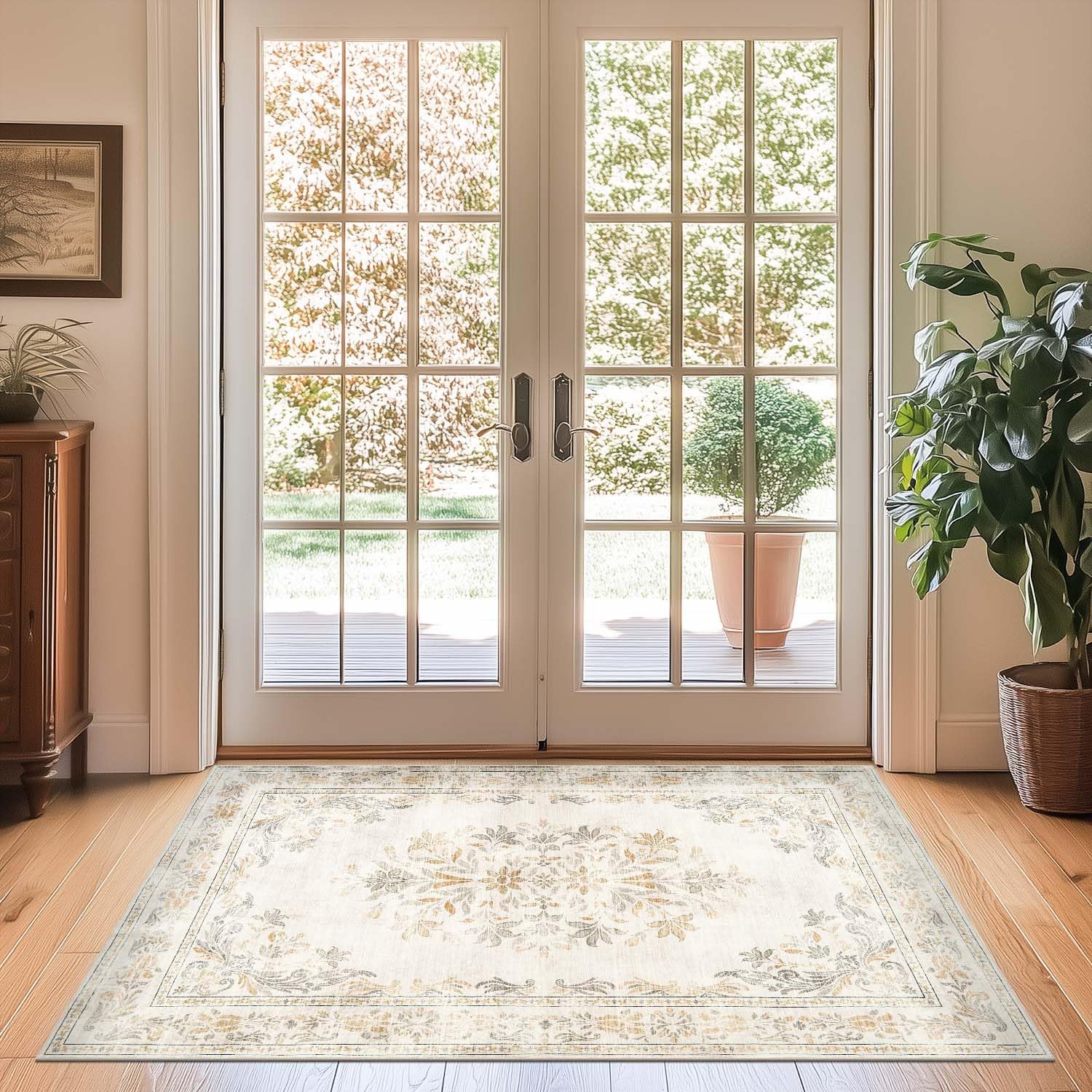 Photo 1 of jinchan Vintage Floral 3x5 Area Rugs for Entryway - Machine Washable Distressed Design Ultra-Thin Low-Pile Soft Non-Shedding Carpet for Kitchen Bedroom Entrance Laundry Living Room (3x5ft,Light Grey)