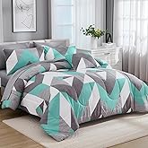 Bedbay Teal Grey Queen Comforter Set with Sheets 8 Pcs Queen Bed in a Bag Modern Geometric Chevron Print Luxury Western Bedding 1 Comforter 4 Pillowcases 1 Flat Sheet 1 Fitted Sheet 1 Cushion Cover