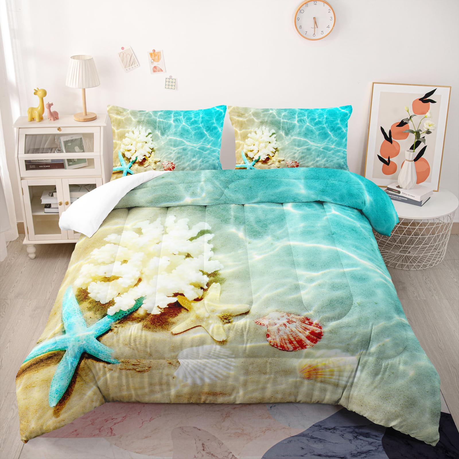 Photo 1 of Nttopship Ocean Theme Comforter Set - Twin Size, Kids Bedding with Starfish and Scallops Pattern, All Season Comforter and 2 Pillowcases