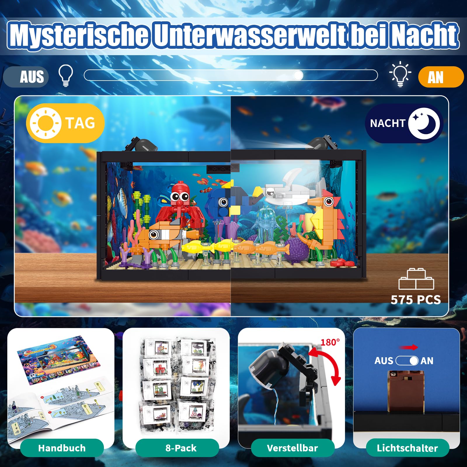8-in-1 Aquarium Fish Tank Baustein mit LED Licht, einschließlich Meeresquallen, Fischen, Tierbauspielzeug, Geburtstag Weihnachten Geschenk für Erwachsene Kinder Jungen Mädchen ab 6 8 10 12+ Jahren 3