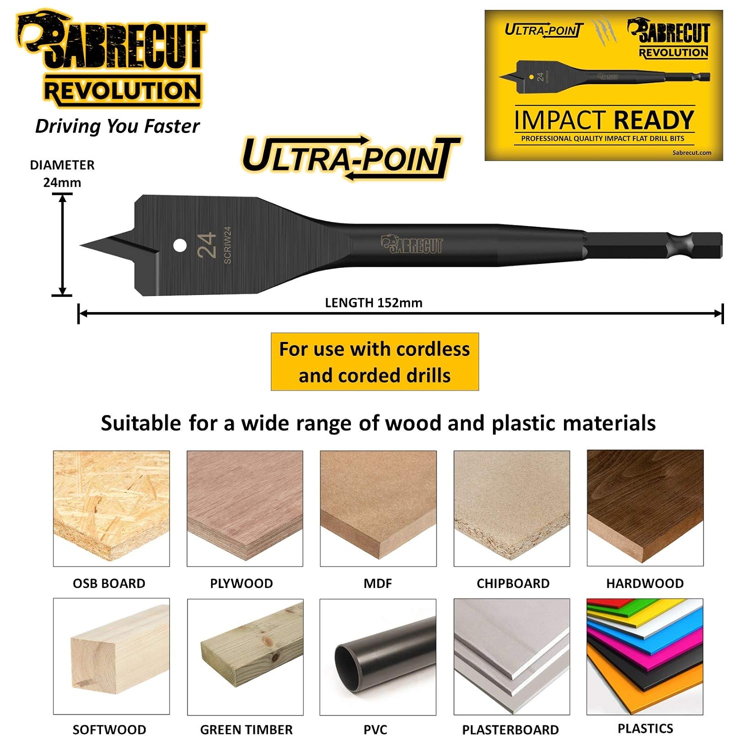 1 x SabreCut SCRIW24_1 24mm x 152mm Impact Rated Flat Wood Spade Bit for Softwood Hardwood Chipboard - Image 4
