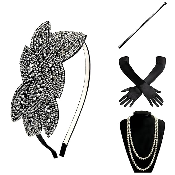 BABEYOND 1920s Flapper Set Damen Gatsby Kostüm Accessoires Set inklusive Stirnband Halskette Handschuhe Zigarettenhalter (Set