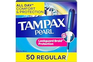 Tampax Pearl Tampons, with LeakGuard Braid, Regular Absorbency, Up to 100% Leak and Odor Free Protection, Unscented, 50 Count