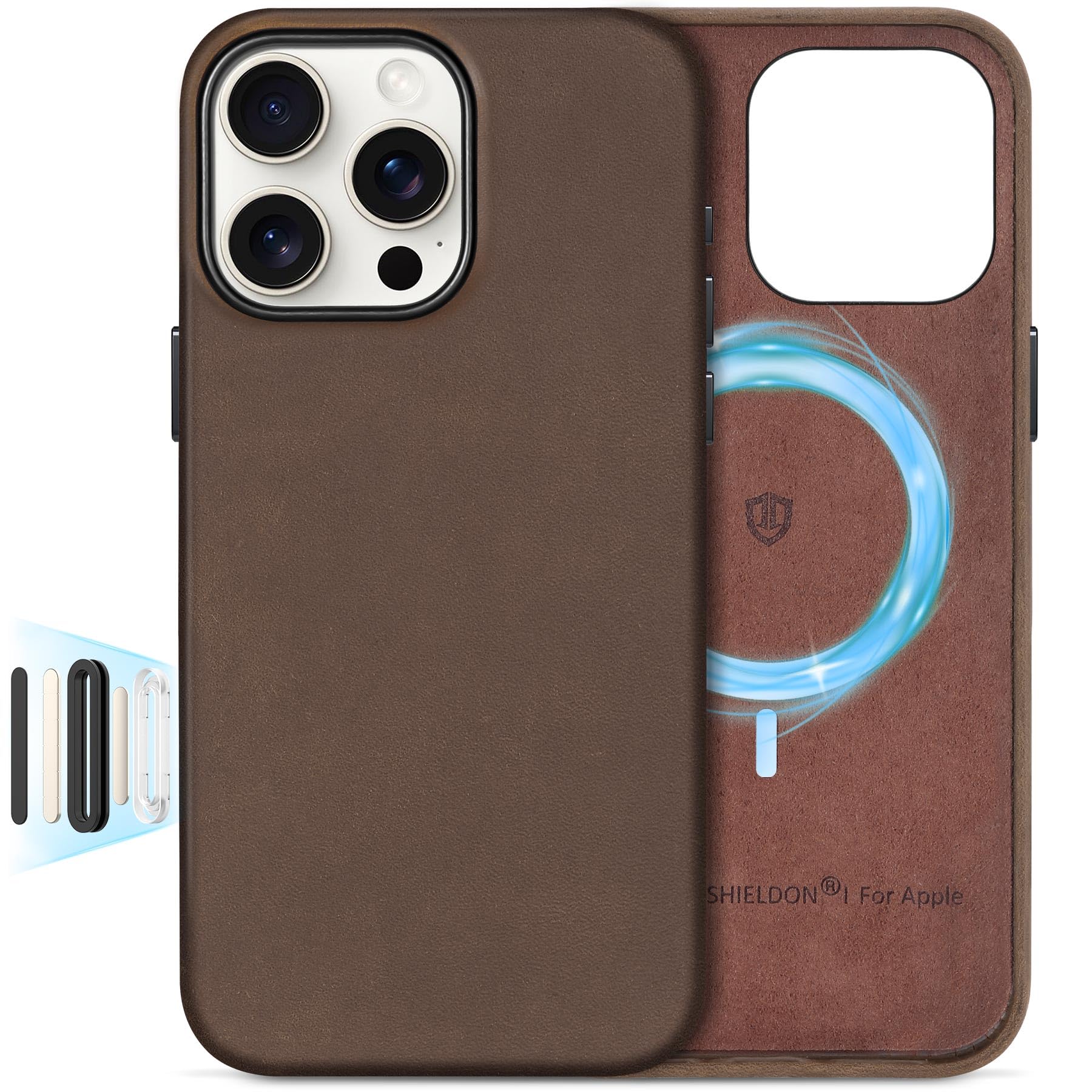 SHIELDON Leather Case for iPhone 16 Pro Max 6.9", [Crazy Horse Leather][Magnetic Wireless Charging][Slim Fit][Non-Slip][Metal Button] Shockproof Cover Compatible with iPhone 16 Pro Max - Dark Brown