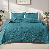 Exclusivo Mezcla Quilts King Size Bedspread with 2 Pillow Shams, Lightweight Dusty Teal King Quilt Bedding Set with Vintage Damask Pattern, Soft Bedspreads Coverlets for All Seasons