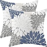 CXMEIFLY Navy Blue White Grey Pillow Covers 18x18 Inch Set of 2 Dahlia Floral Decor Throw Pillows Summer Modern Geometry Flower Outdoor Decorative Cushion Cases for Sofa Couch Bed Decorations