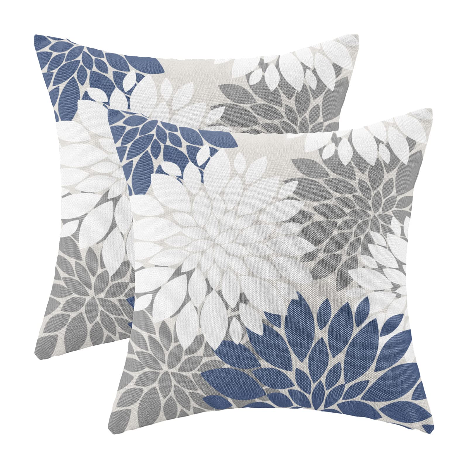 CXMEIFLY Navy Blue White Grey Pillow Covers 16x16 Inch Set of 2 Dahlia Floral Decor Throw Pillows Summer Modern Geometry Flower Outdoor Decorative Cushion Cases for Sofa Couch Bed Decorations