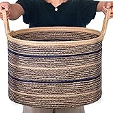 ZOES HOMEWARE Sapphire Blue Large Blanket Basket, 22"x22"x14" | Jute Blanket Basket Living Room, Laundry, Nursery | Toy Basket for Blankets, Toys, Hand Woven Crafted (Brown&Blue)