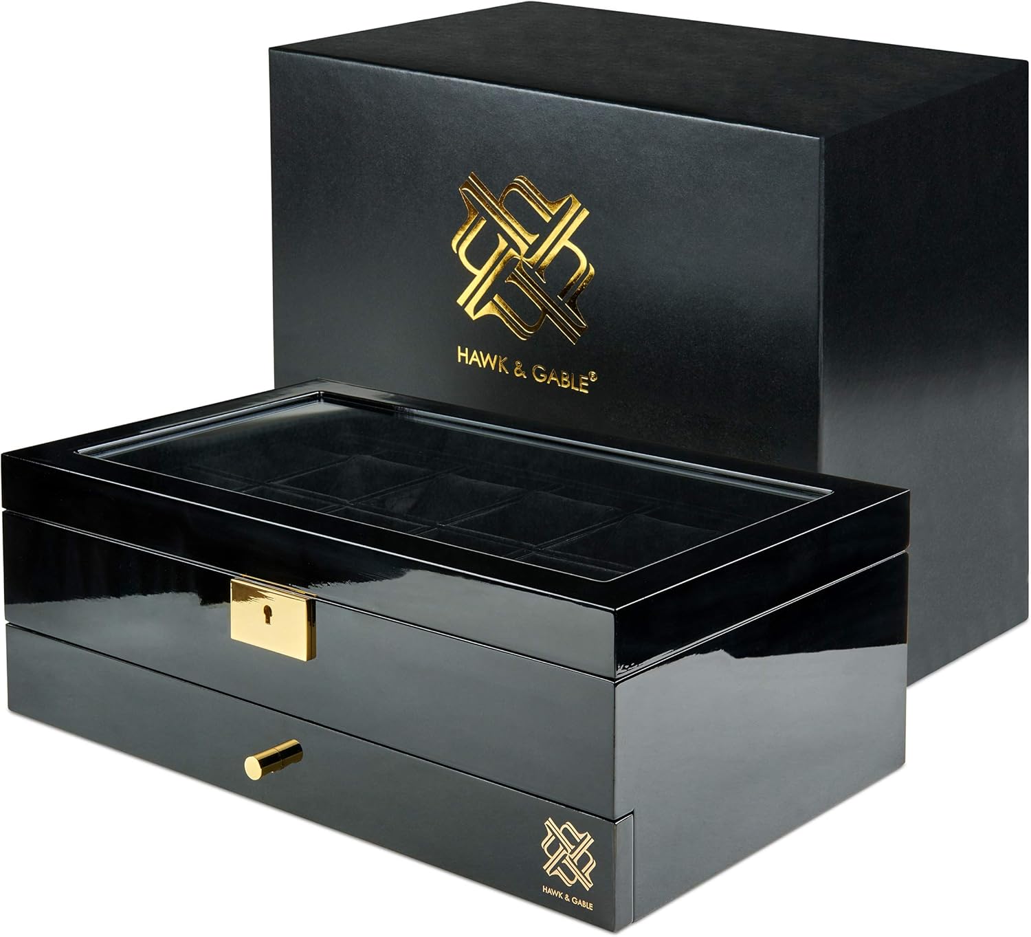 HAWK & GABLE Pearson Valet Watch Display Case with Jewelry and Accessories Valet | Premium Jewelry and Watch Box with Drawer, Glass Lid, and Lock | Black Piano Finish: Home Improvement