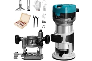 LEUMUAS 4 in 1 Wood Router Tool,1.25-HP Compact Router 6 Variable Speed, with Plunge Router & Fixed Base,12-Piece Router Bits Set,and 1/4" & 5/16" Collets,Edge Guide, Roller Guide, Dust Hood