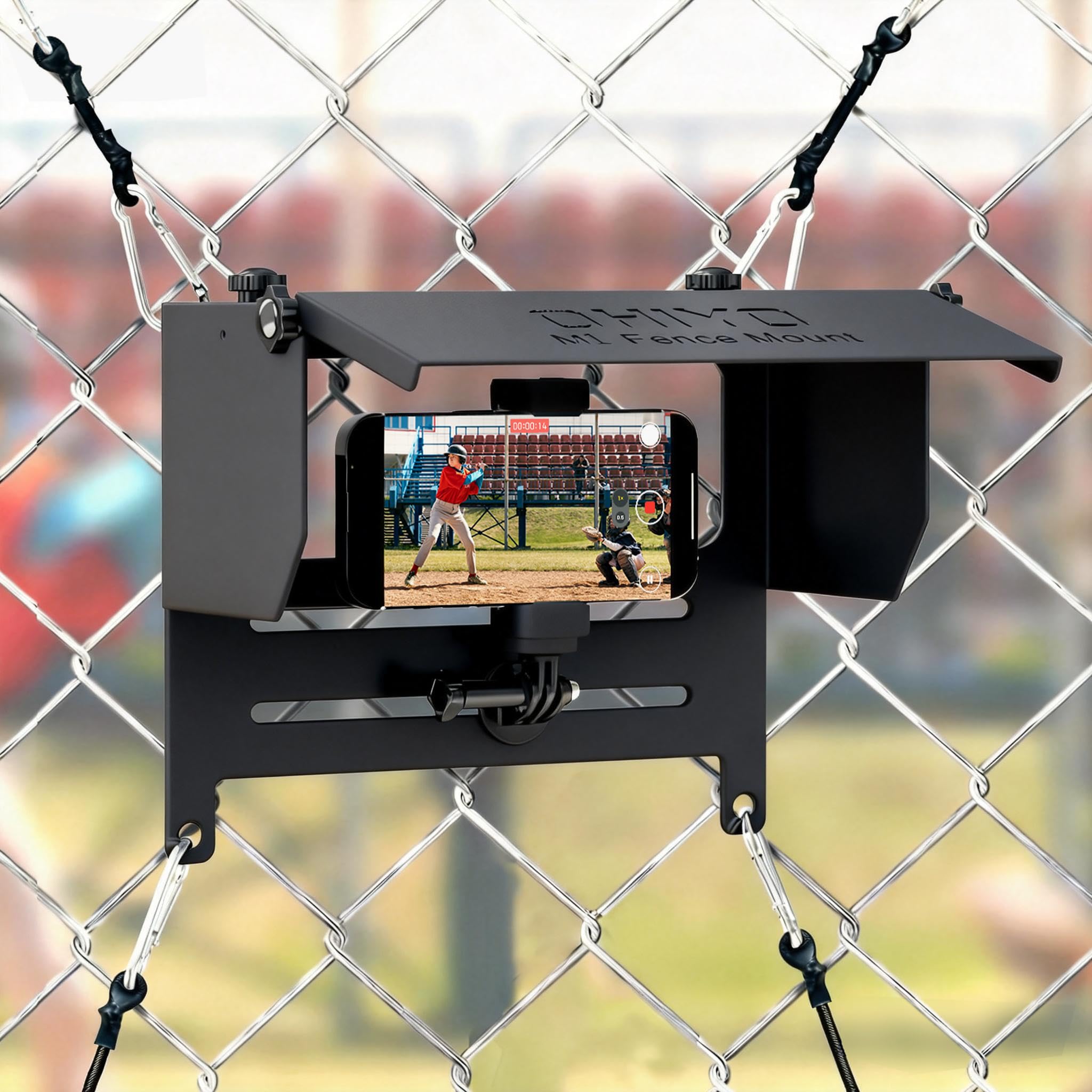 OHIYO Cellphone Fence Mount with Shade for Baseball Fence, Game Changer Mounting Kit Compatible with iPhone, GoPro, Mevo, Action Cameras, for Recording Football, Softball, Rugby, Tennis Games (Black)
