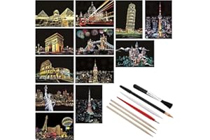 LUSOFIE 12 Sheets Scratch Painting Rainbow Paper, Sketch Pads DIY Art Craft City Series Night View Scratchboard Craft Art Kits with 6 Tools for Adults Kids Halloween Christmas(7.8 X 5.5 Inches(Style A))