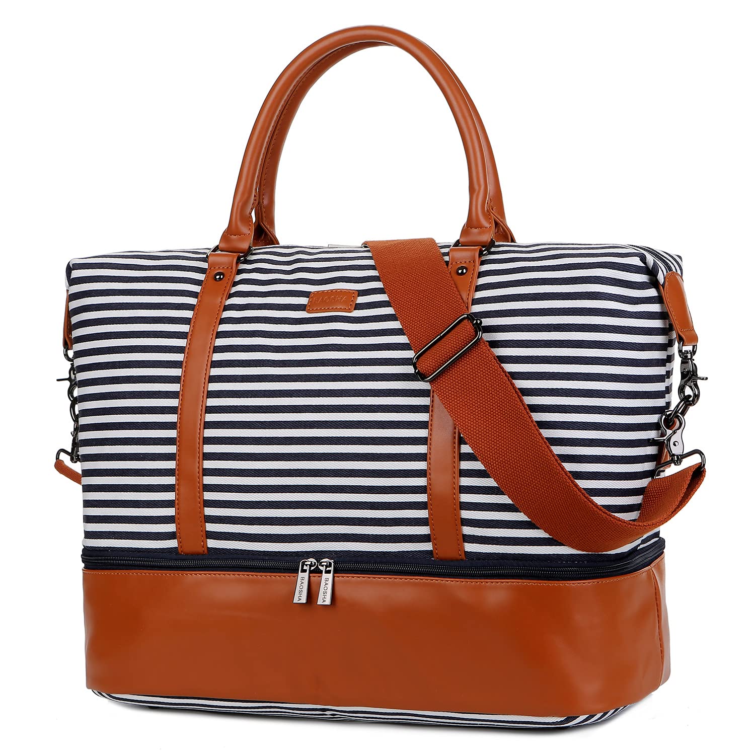 HB-28 Ladies Women Canvas Travel Weekender Bag Overnight Carry-on Duffel Tote Bag (Blue Strips with Shoe Compartment)