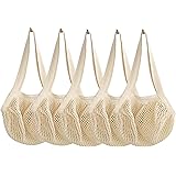 WHITEWRAP Cotton Mesh String Reusable Bag Long Handle Net Tote Bag| 5-Pack | Natural | Reusable Grocery Bags, Vegetable Bag, 