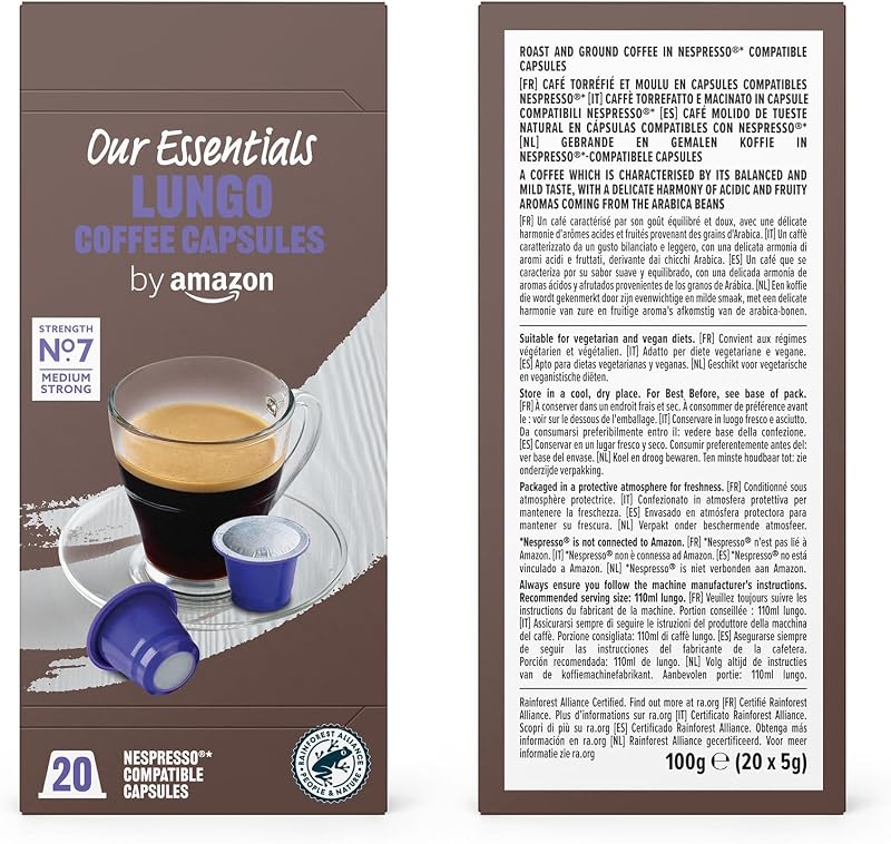 Nosso pacote de sortimento de cápsulas de café padrão compatíveis com nespresso essentials by amazon, 80 cápsulas (4 pacotes de 20) - certificado pela rainforest alliance