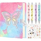 Fluffy Butterfly Diary with Lock for girls, 6 7 8 year old girl Birthday Gifts, Princess Diaries Girls diary journals, Back to School Supplies Notebook, Birthday Christmas Gifts for daughter granddaughter niece