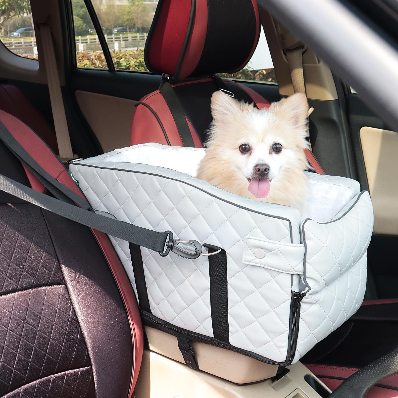 Photo 1 of PU Center Console Dog Car Seat for Small Dogs Up to 12lbs, Portable Dogs Armrest Booster Seat with Adjustable Straps & Storage Pocket (Grey PU)