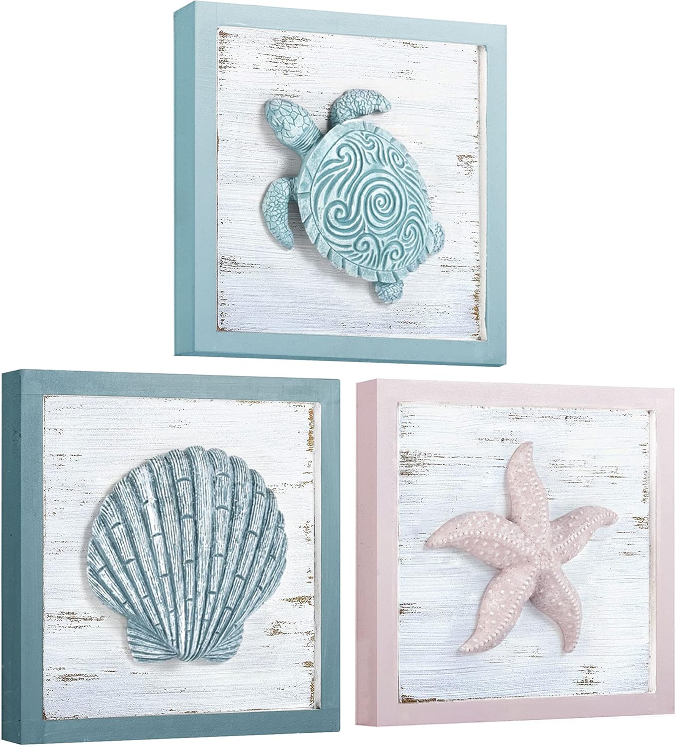 DECOPIRE Beach Theme Seashell Turtle Starfish 3D Art Wall Decor for Home Living Room Bathroom or Bedroom Morden Wall Rustic Coastal Decoration 3 Panels 7x7 inches (7