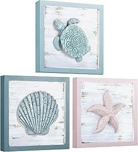 DECOPIRE Beach Theme Seashell Turtle Starfish 3D Art Wall Decor for Home Living Room Bathroom or Bedroom Morden Wall Rustic Coastal Decoration 3 Panels 7x7 inches (7