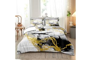 Bedbay Marble Comforter Set Queen Size Watercolor Bedding Black and Gold Bedding Duvet Set Abstract Marble Texture 4 Pieces Soft Microfiber Lightweight Down Alternative Comforter(Ink,Queen)