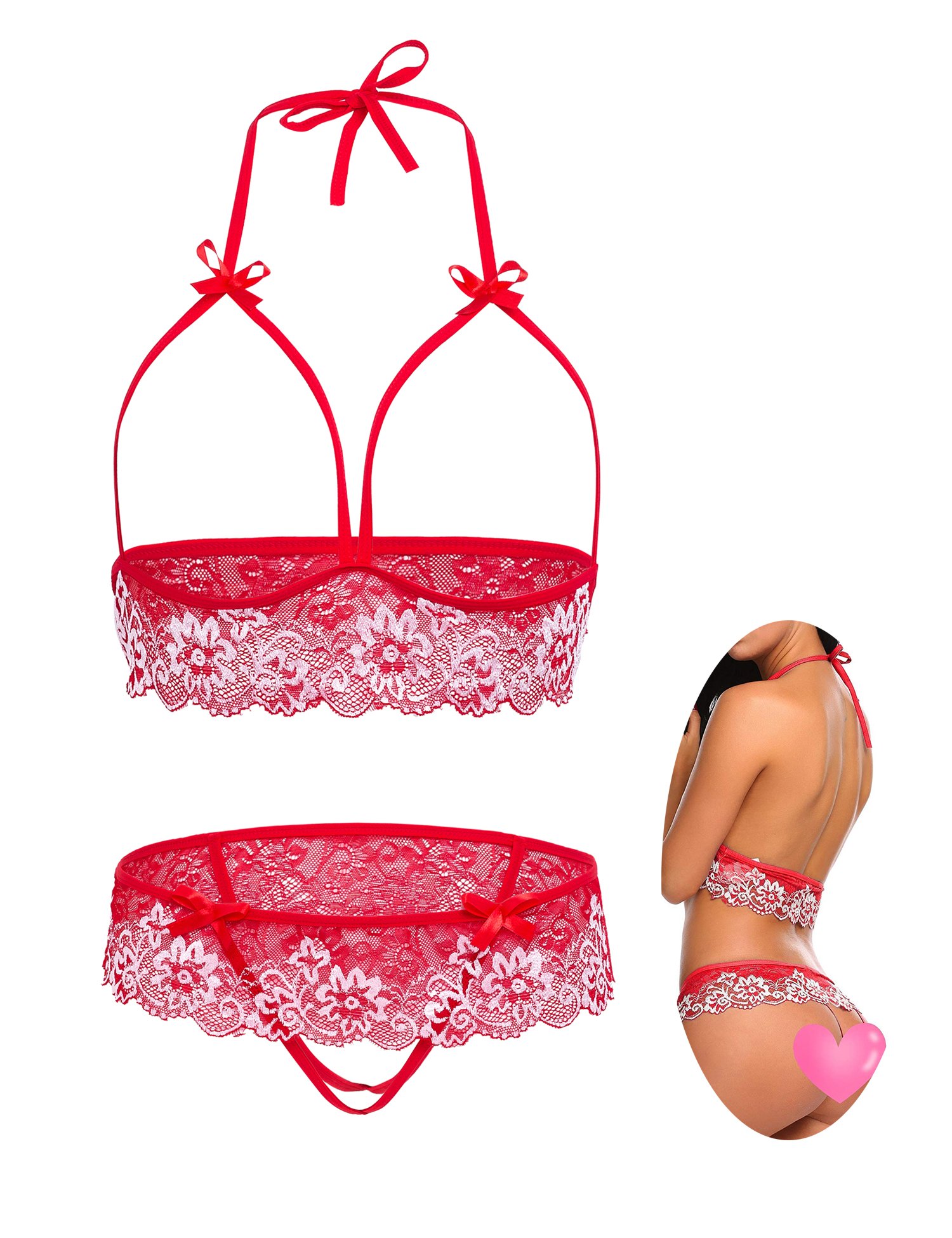 Adorelife Women\'s Open Bra Lace Babydoll Halter 2 Piece Lingerie Bra Sets