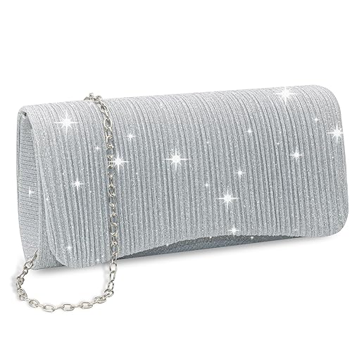 ZOCONE Glitter Silver Clutch Bags for Women, Silver Clutch Evening Bags Small Envelope Clutch Handbag with Detachable Chain, Silver Clutch Bag for Wedding Women Ladies Bridal Prom Cocktail Party (C)