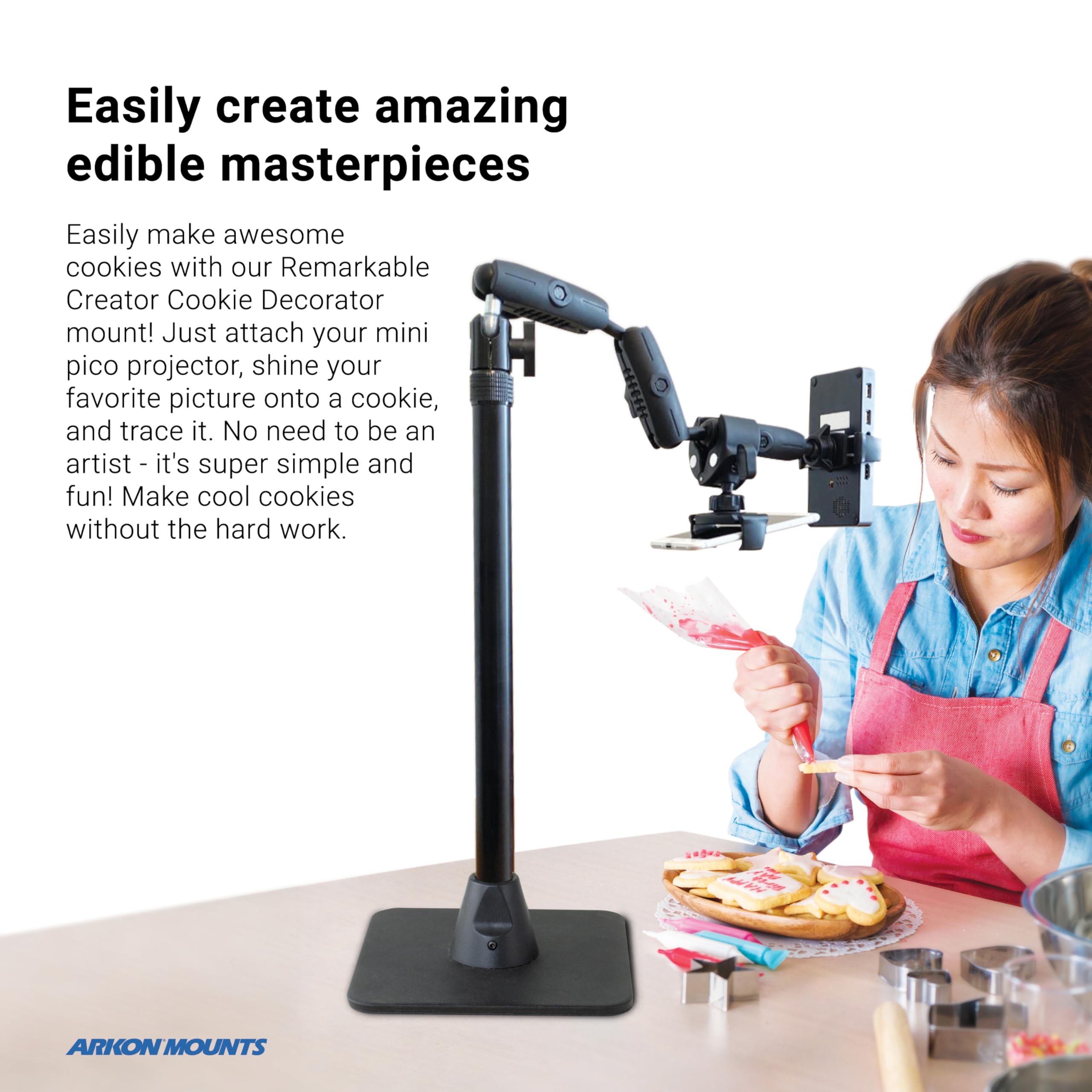 ARKON Mounts Remarkable Creator Cookie Decorator, Overhead Phone Mount & Pico Projector Mount for Video Recording, Vlogging, Cooking, Crafting, Drawing