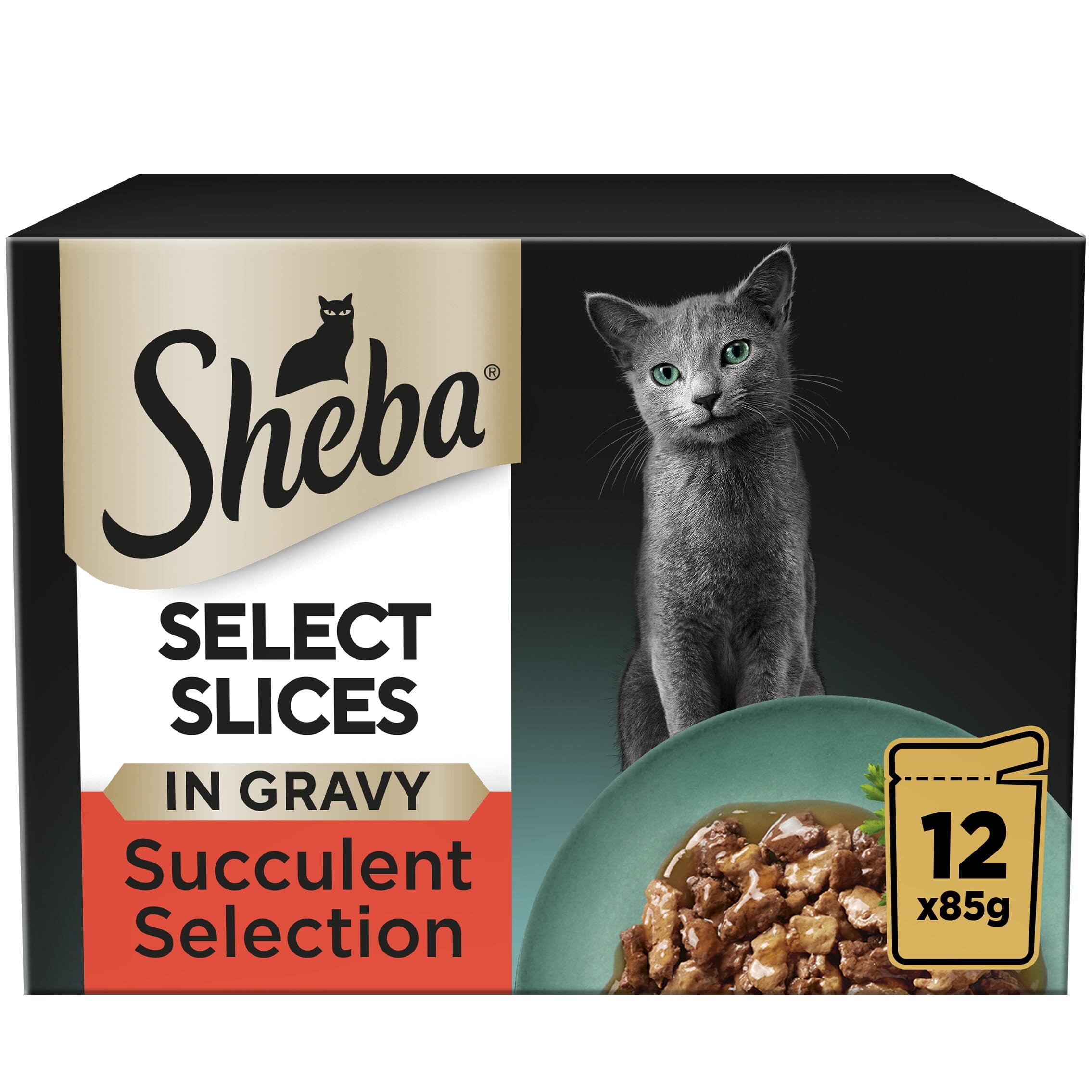 Sheba Select Slices in Gravy 48 Pouches, Adult Wet Cat Food, Succulent Selection, Pack of 4 (12 x 85 g)