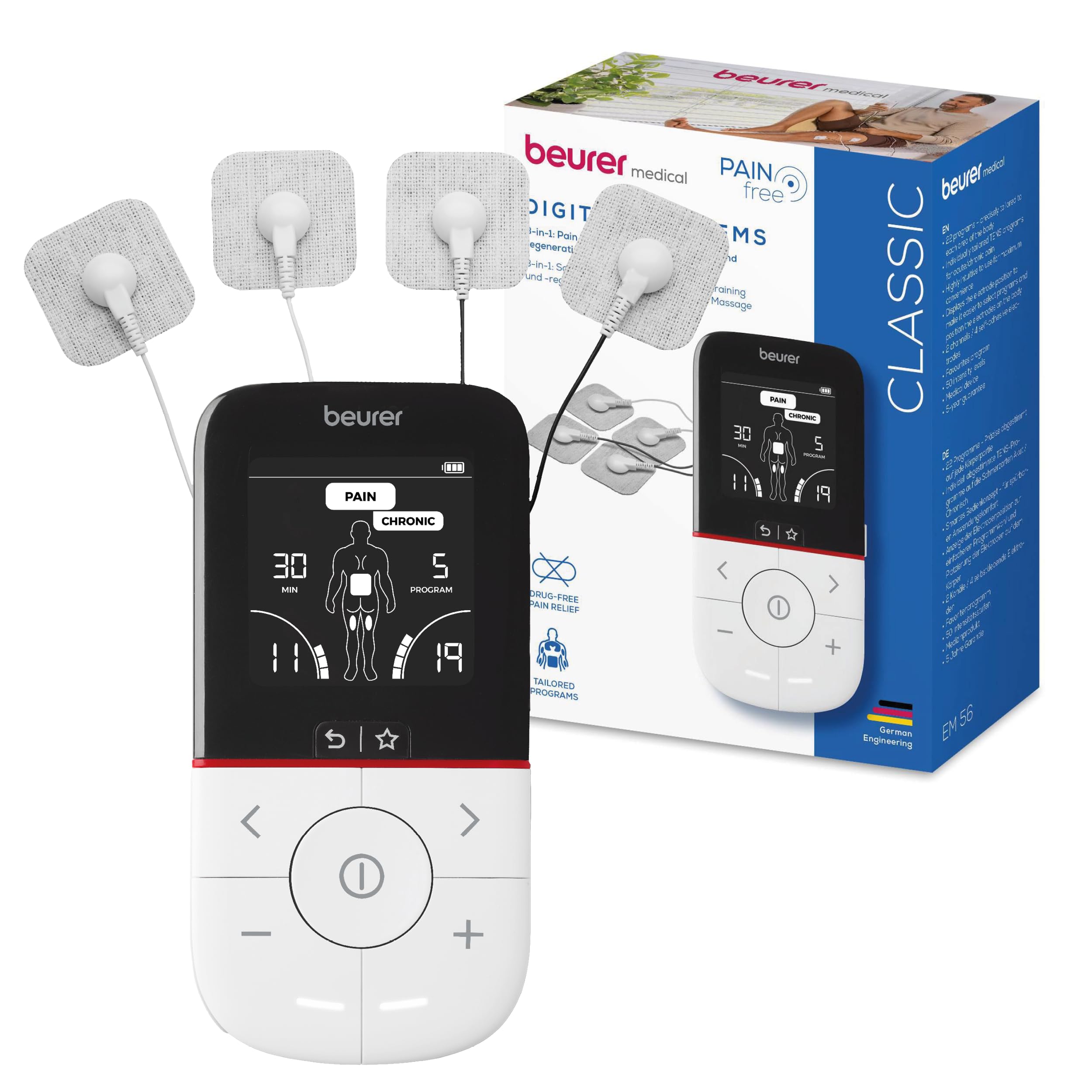 Beurer EM 56 Digital TENS/EMS, 3-in-1 Reizstromgerät zur medikamentenfreien Schmerzlinderung durch elektrische Nervenstimulation, Muskeltraining, Massagefunktion, 22 Programme, inkl. 4 Elektroden