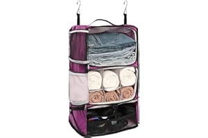 ELEZAY Hanging Packing Cubes Portable Closet 3-Shelf Travel Collapsible Compression Garment Organizer for Carry-on Luggage Suitcase Space Saver Bag X-Large_No Side Pockets, Purple