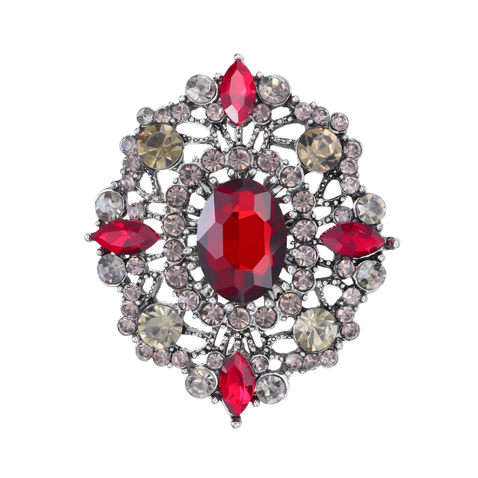 EVER FAITH Women's Crystal Wedding Retro Hollow Out Floral Filigree Brooch Red Antique Gold-Tone