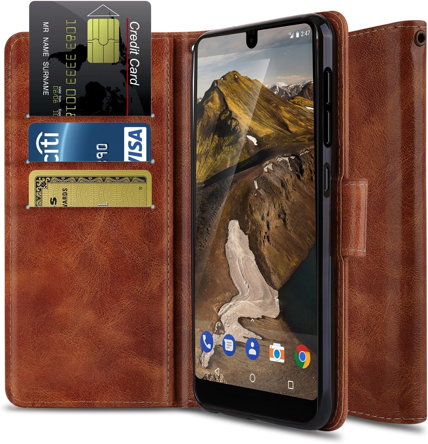 Essential Phone PH-1 Case, OTOONE Premium PU Leather [Wrist Strap] Flip Card Holder Stand Wallet Phone Cover for Essential Phone 2017 (Bronze)