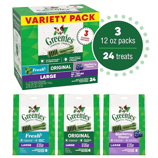 GREENIES DOG TREATS, VETERINARIAN-RECOMMENDED NATURAL DENTAL DOG TREATS, LARGE SIZE, VARIETY PACK FLAVOR, (3) 12 OZ. PACKS, 24 COUNT