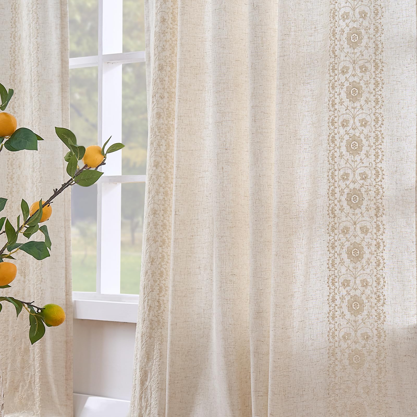 jinchan Weslie Boho Lined Linen Curtains for Bedroom Ivory Vintage Floral Farmhouse Curtains 63 Inch Length Linen Drapes for Living Room Embroidered Drapes Rod Pocket Ivory on Beige 2 Panels Image