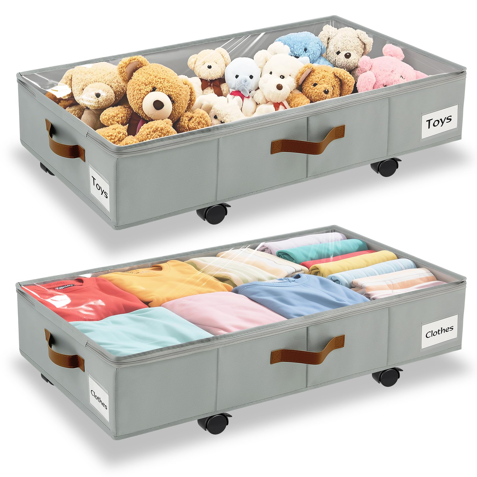 Photo 1 of 2 Pack Under Bed Storage with Wheels – 30.5×17×5.5 Inch, Underbed Storage with Sturdy Sidewalls/Bottom, Clear Cover, Label and PU Handle, Rolling Under Bed Drawers for Clothes, Shoes, Toys, Blankets