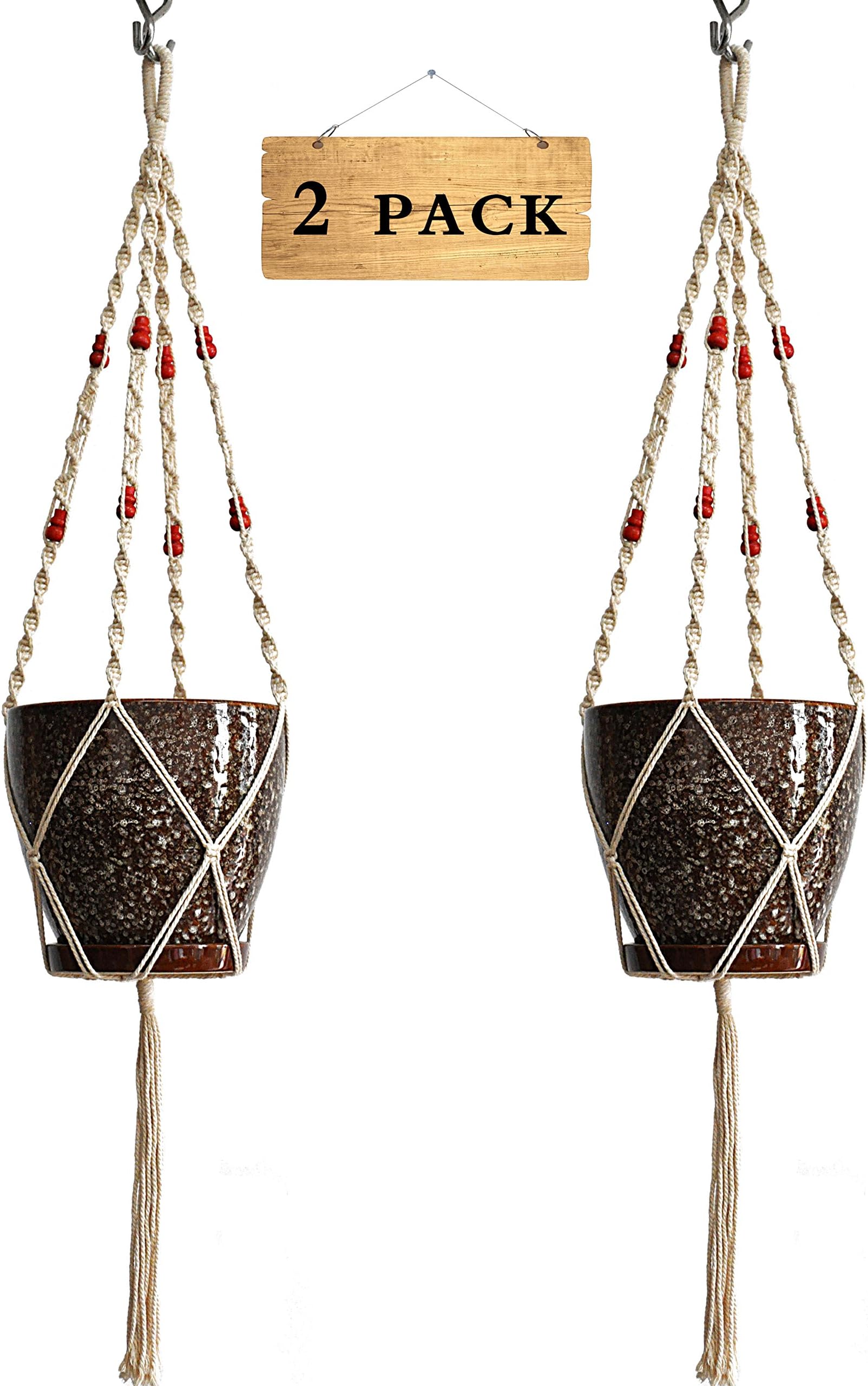 2 pcs 4 Legs Macrame Cotton Woven Plant Holders with Wood Bead Decoration for 10" Plant Pots ,Natural Color, 45-inches Without the Plant and Pot